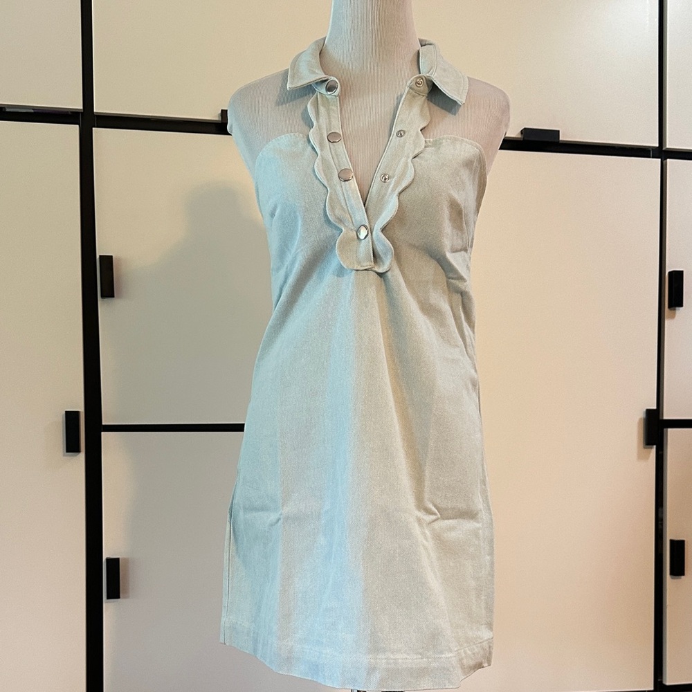 BCBGeneration sleeveless halter light wash denim dress